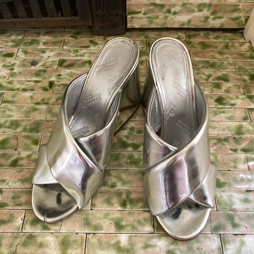Maison Martin Margiela Silver Mules with Crisscross Straps